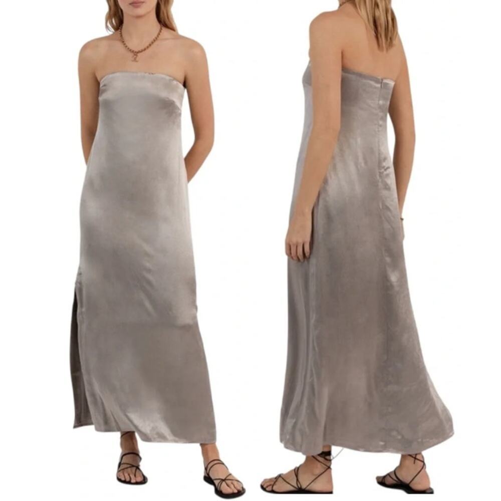 Dissh Mia Strapless Side Slit Satin Maxi Dress Pewter Women's Size 16 NWT